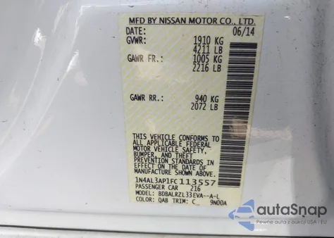 2015 Nissan Altima 2.5 Sl из США, поврежденный, VIN 1N4AL3AP1FC113557